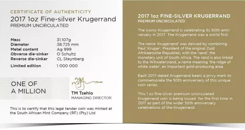 2017 1oz South African Silver Krugerrand Coin – Premium Uncirculated ...